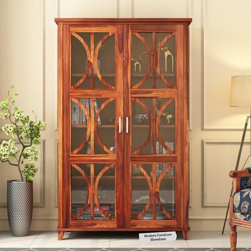 Image of Wooden Crockery Cabinets with Glass Door | Wooden Showcase Almirah | Solid Wood Book Shelf Crockery Unit for Kitchen Living Room
