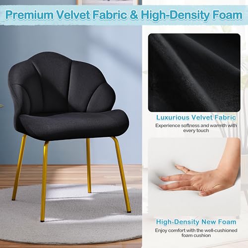 Image of Yaheetech Vanity Chair, Velvet Accent Chair with Shell-Shaped Backrest, Modern Armchair with Gold Metal Legs for Dressing Room /Bedroom /Living Room, Black