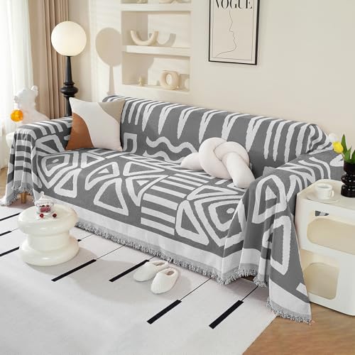 Royhom Boho Sofa Cover 3 Seater, Corner Sofa Covers L Shape, Washable Couch Cover with Tassel, Soft Couch Covers for Dogs, Breathable, All-season Universal (Dark Grey, 180x300cm)