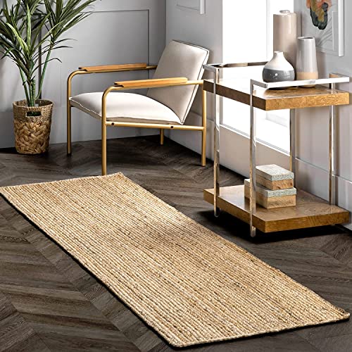 Image of Handmade Natural Jute Cotton Natural Fibers Floor /Door Mat Rugs Furnish Decor Striped Rectangular Design Carpet for Bedroom Living Room (JUTE003, 2x8-Runner)