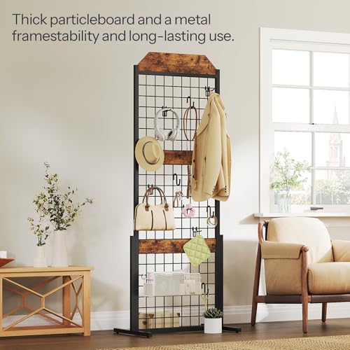 Image of HOOBRO Grid wall Panel units 5.6' x 1.7' Ft Grid Display Rack, Gridwall Panel Display Stands with 5 Garment Hooks & 5 S-Hooks, Wire Grid Display Rack, for Retail Show, Rustic Brown and Black BF45DC01