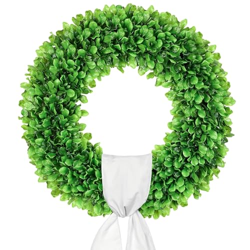Petalyn 20 inch Artificial Boxwood Wreath for Front Door, Greenery Spring Summer Wreath for All Seasons with Sash,St Patrick's Day Decoration, Farmhouse, Garden, Wedding, Indoor & Outdoor