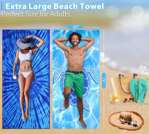2 Pack Lightweight Thin Beach Towel Oversized 71"X32" Big Extra Large Microfiber Sand Free Towels For Adult Quick Dry Travel Camping Beach Accessories Vacation Essential Gift Blue Tie Dye Turtle #TOP3