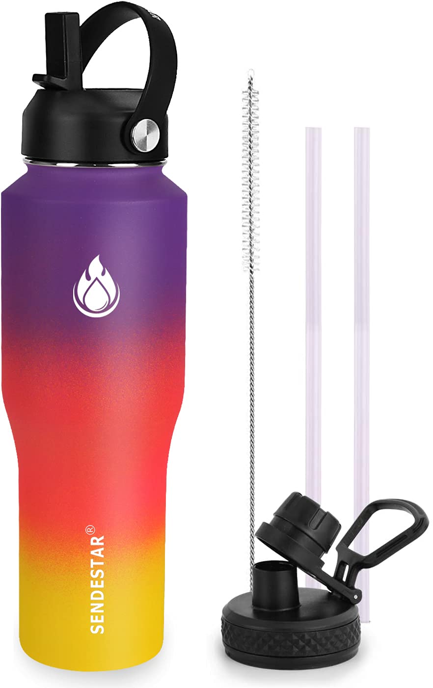 SENDESTAR Water Bottle 32oz,2 Lids(Straw lid),Wide Mouth Stainless Steel Vacuum Insulated Double Wall Keep Liquids Cold or Hot All Day,Sweat Proof Sport Design,Fit Car Cup Holder(Havana)