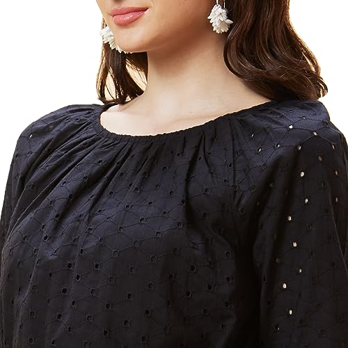 Image of Globus Women Black Schiffli Self Design Round Neck Waist Tie-Up A-Line Dress-3638199001