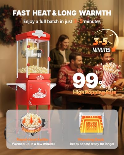 Image of 10 oz Popcorn Machine Cart, Popcorn Maker Machine with Wheel&Stainless-Steel Kettle Makes Up to 48 Cups, Vintage Movie Theater Style Pop Corn Machine, Red