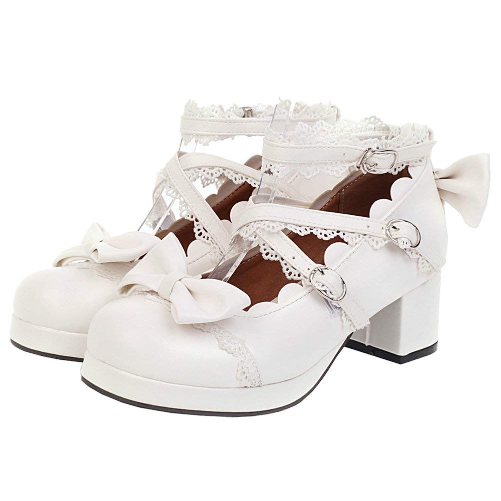 LUXMAX Women Lolita Cosplay Shoes Cross Strap Block Heel Mary Jane Lace Pumps