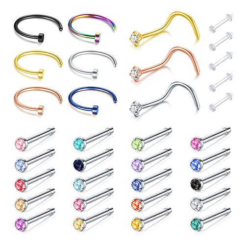 Incaton Nose Rings, 34PCS 22g 316L Surgical Stainless Steel Body Jewelry Piercing Nose Hoop Ring and Nose Stud Ring