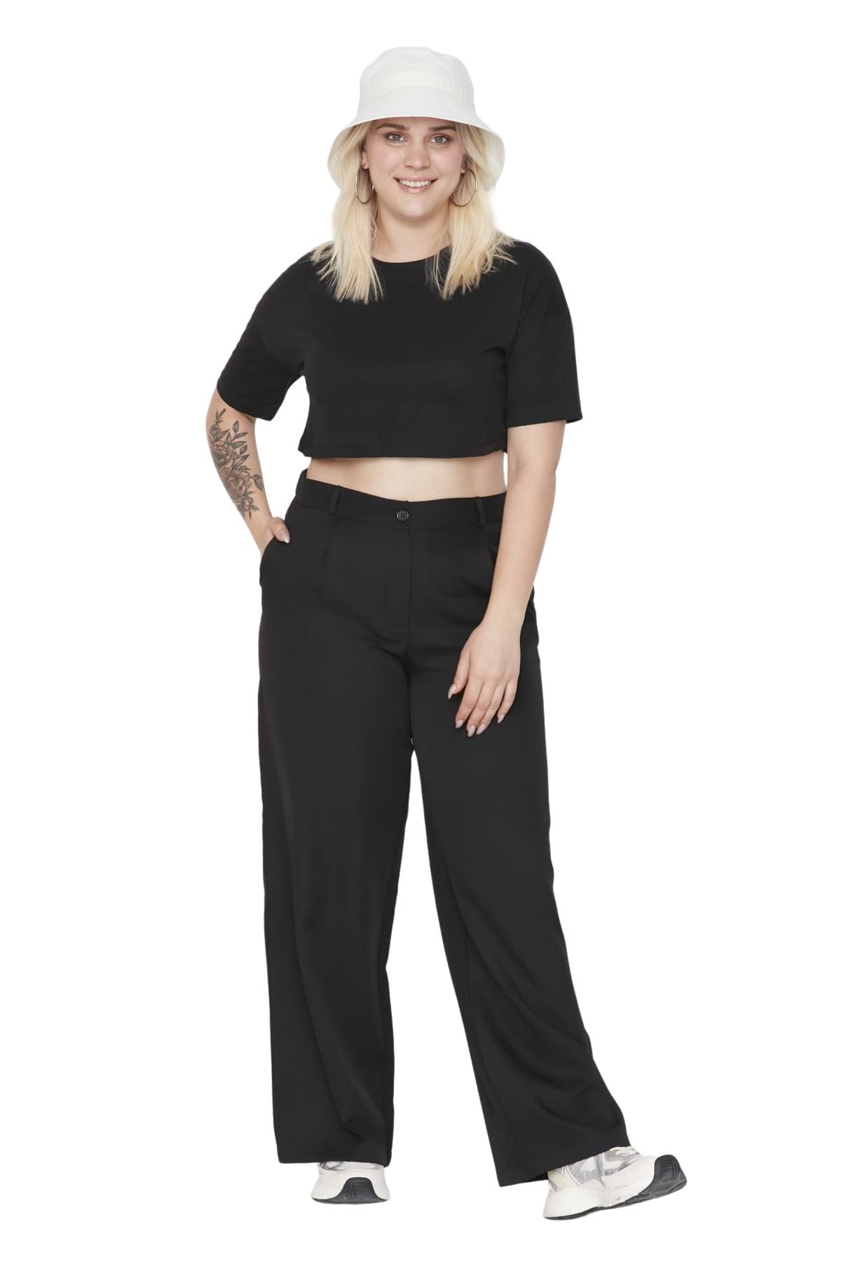 Trendyol Damen Gerade Weites Bein Hohe Taille Hosen in Plus Size Calzoncillos, Black, 48 Grande De Las Mujeres