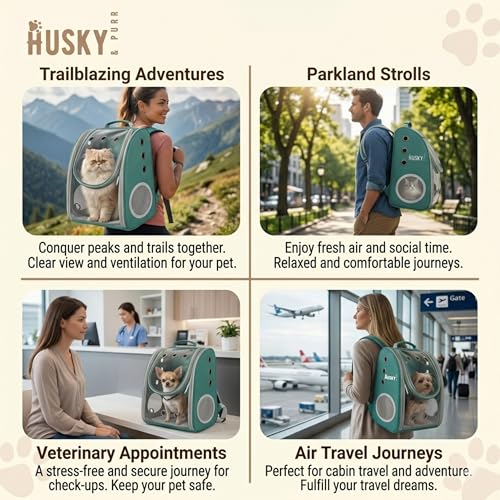 Image of Husky & Purr Cat Bag Carrier Backpack, Green | Collapsible Breathable Pet Carrier Backpack | Anti-Scratch Transparent Cat Carrier Bag for Travel, Up to 7kgs