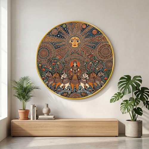 Image of SAF Surya Dev Round Wall Painting Traditional Folk Art PVC Golden Frame Sun God Chariot Horse Design Mandala Ethnic Wall Decor for Living Room Bedroom Home Office (20 x 20 Inch) GRL-388