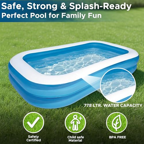Image of NHR Combo Inflatable Family Swimming Pool with Electric Pump - Large Rectangular Outdoor Pool for Kids & Adults, Heavy Duty PVC Portable Backyard Pool, 262 x 175 x 51 cm