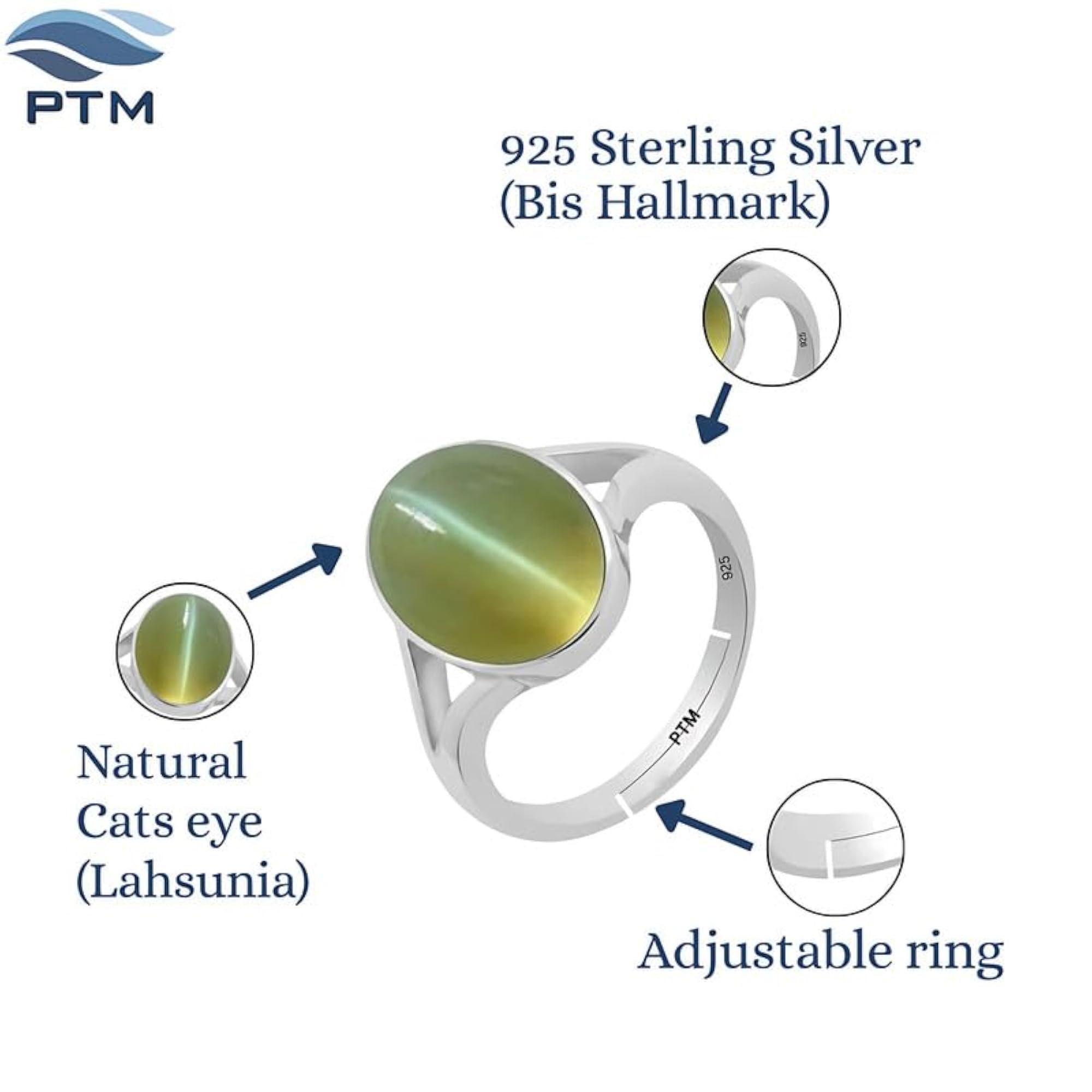 Women's Cats Eye 925 Sterling Silver Adjustable Ring, Astrological Gemstone