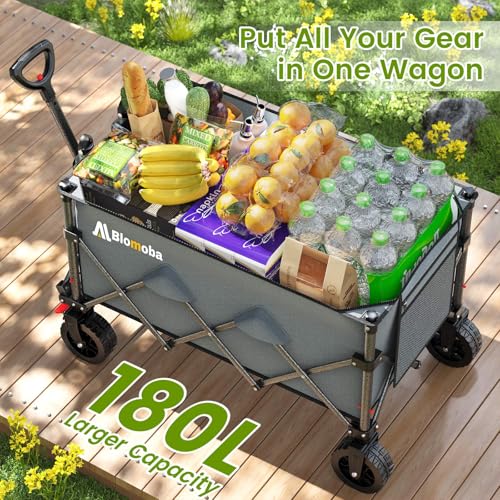 Collapsible Wagon Cart with Wider Wheels, 330lbs Heavy Duty Foldable Beach Wagon with Auto-Rebound Handle, 180L Utility Grocery Shopping Cart for Garden, Shopping, Camping, Sports, Gray