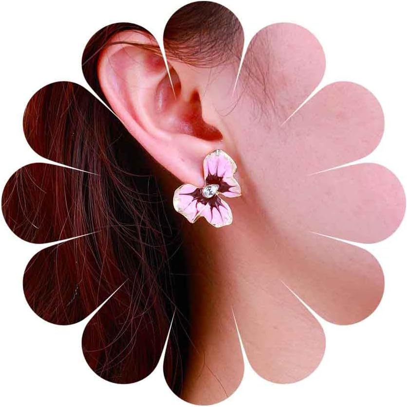Enamel Flower Earrings Flower Crystal Stud Earrings Pink Large Floral Earrings Vintage Rhinestone Teardrop Earrings Enamel Statement Flower Earrings Jewelry for Women