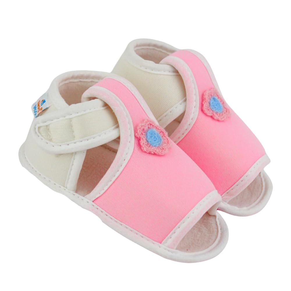 6 To 12 Months Baby Girls Skin-friendly Cotton Floral Pink,White Hook & Loop Sandal Booties-BT5536-image-3