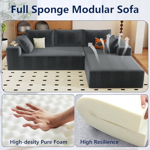 Image of 96 inch Modular Sectional Sofa, Modern Corduroy Cloud Couch with Deep Seat, Boneless Couch Upholstered 3-Seater L-Shaped Sofa for Living Room, No Assembly Required (Dark Grey, Right-Facing Chaise)