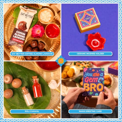 Image of Phool Bandhan Rakhi Gift Hamper for Brother | 10-Item Rakhi Gift Set with 2 Rakhis, Incense, Laddoo & Chikki | Rakhi Gift Box for Brother | Rakshabandhan Gift Hamper with Sweets