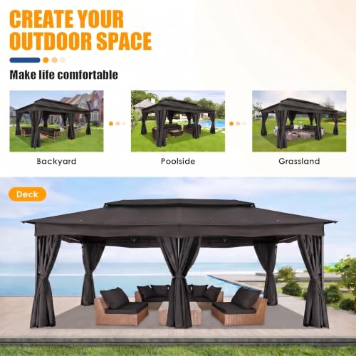 Image of COBIZI 12x20 FT Gazebo Outdoor with Curtains, Heavy Duty Soft Top Gazebo Canopy with Double Roof, Large Metal Frame Gazebos for Patio, Backyard and Deck (Black)