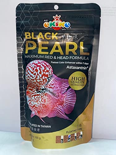 Image of Okiko Black Pearl (Platinum) flowerhorn Fish Food with Maximum red & Head Formula, Fastest Color Enhancer Within 7 Days -100 GMS (Extra Large)