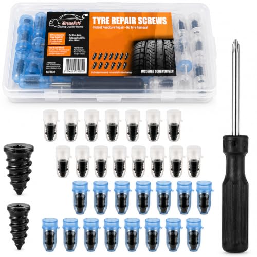 Xtremeauto Tyre Repair Screws Kit Emergency Tubeless Tyre Puncture Repair Kit with Repair Screws Screwdriver & Storage Case for Cars Vans Motorcycles SUVs ATVs & More (30PC Kit)