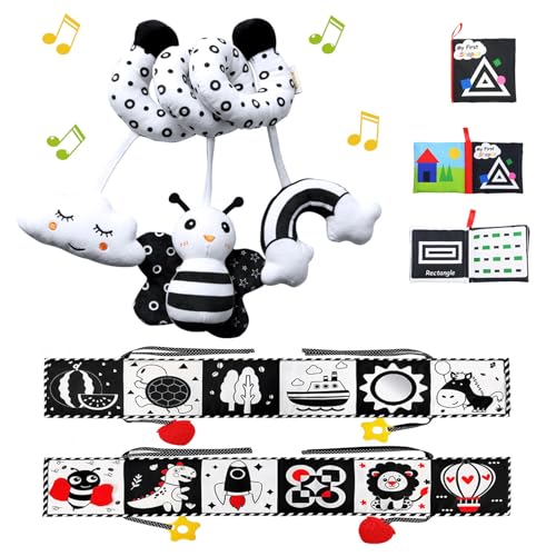 Kulveanju Espiral Carro Bebe Juguetes 0-12 Meses - Juguetes Sensoriales de Alto Contraste en Blanco y Negro, Montessori Libro Sensorial Bebe 0 a 6 Meses, Asiento de Coche Juguetes Bebes 0-3 Meses