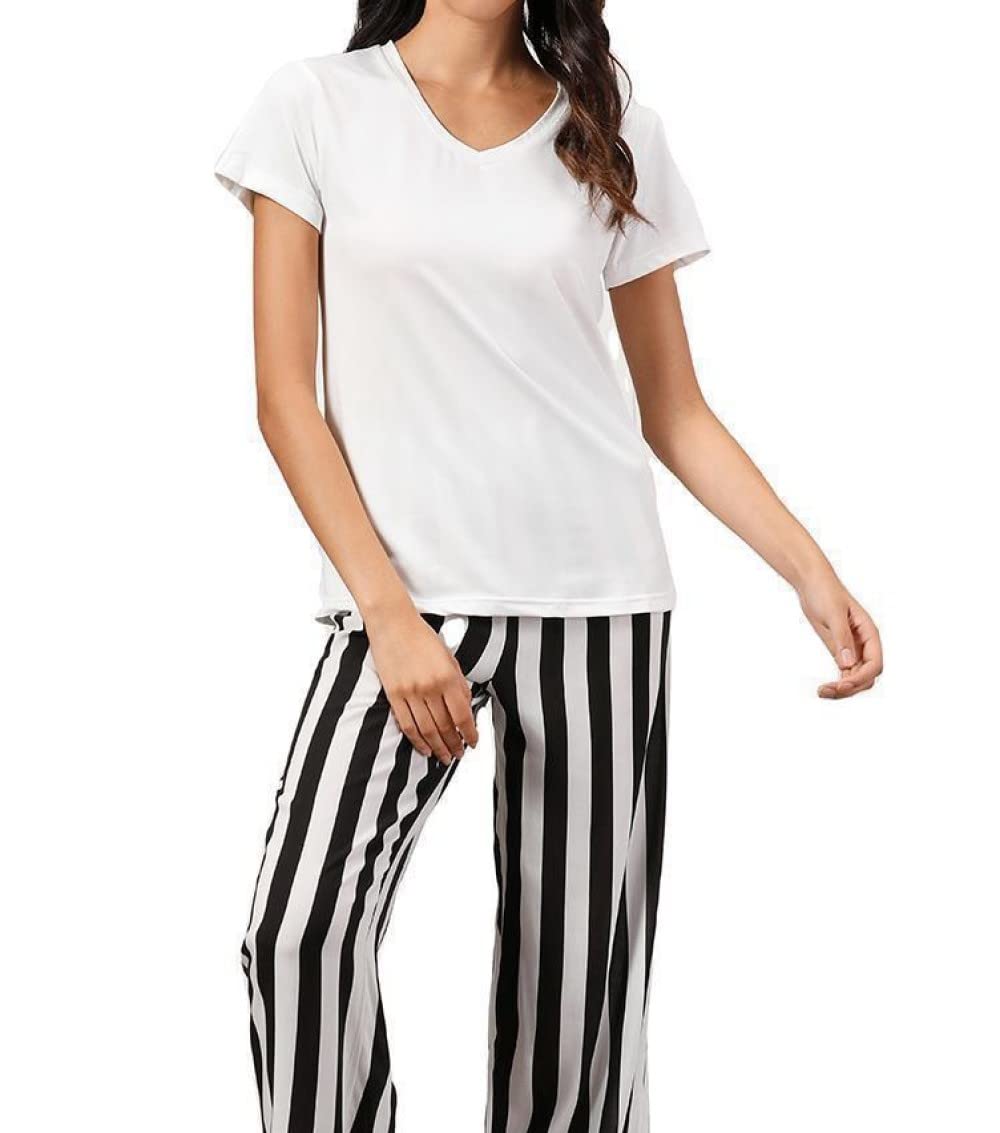 Pijama De Mujer Manga Corta,Pantalones A Rayas Superiores Blancos Pijama De Manga Corta De Verano para Mujer Conjunto De 2 Piezas Pijama De Moda Suave Ropa De Salón Regalo del Día De La Madre para