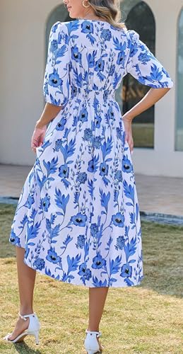 Image of Kormei Women Casual Boho V Neck 3 /4 Sleeve Smocked Waist A Line Flowy Swing Midi Dress Smocked Long Dress