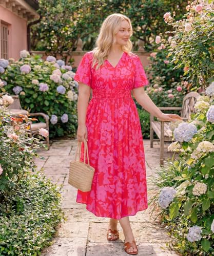 Image of CARCOS Plus Size Dresses for Curvy Women V Neck Summer Maxi Dress Short Sleeve Floral Boho Dress Smocked Waist Beach Dress