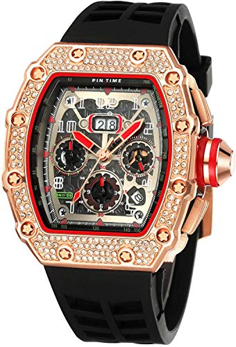 Gosasa Mens Diamond Watches Luxury Tonneau Watches for Men Analog Watch Chronograph Calendar Date Men’s Dress Business Work Watch Large Rectangle Face Wristwatch with Silicon Strap