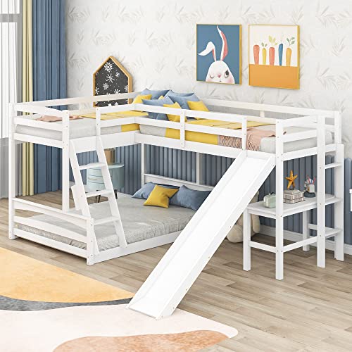 Merax Wood L-Shaped Bunk Bed with a Loft Attached, Triple Bedframe with...
