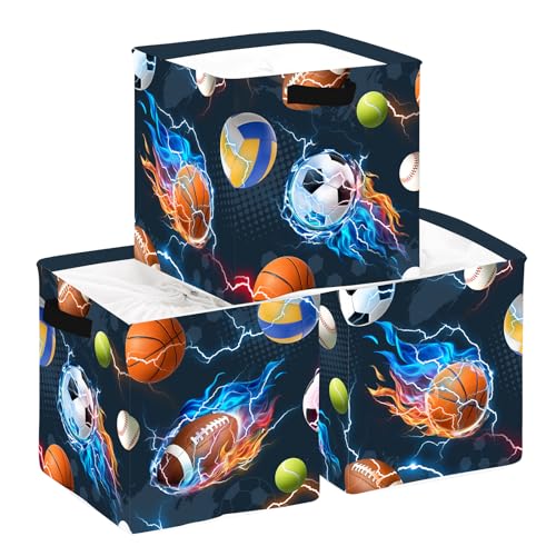 HUUMONSS 30cm Juego de 3 Cajas de Almacenamiento Pelota Deportiva Organizadoras de Almacenaje Juguetes Fútbol Rugby Baloncesto Plegables Cestas Almacenaje Niños Libro Ropa para Estantes Armario, Rayo