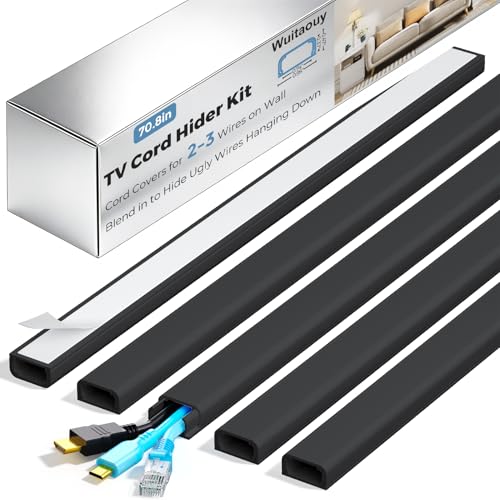 Wuitaouy Cord Hider Kit 70.8in Cord Covers for 2-3 Wires on Wall Paintable Cable Hider Wire Covers for Cords on Wall Self-Adhesive Cord Hider for Wall Mount Tv to Hide Cords W0.94 H0.47in Black
