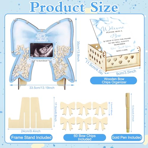 Image of Wenqik 63 Pcs Coquette Blue Bow Baby Shower Guest Book Alternatives Set Baby Shower Decorations with Photo Frame Sonogram Frame Keepsake 60 Wood Slices Guest Book for Birthday