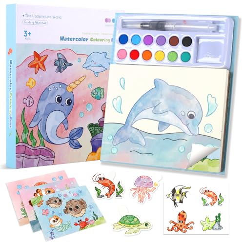 Malbuch mit Wasserfarben: 3-in-1 Malset für Kinder mit 12 Farben + 3 Arten Malvorlagen + Wasserpinsel, Aquarell Malset für Kunst & Basteln für Jungen & Mädchen ab 3-8 Jahren (Meerestiere)
