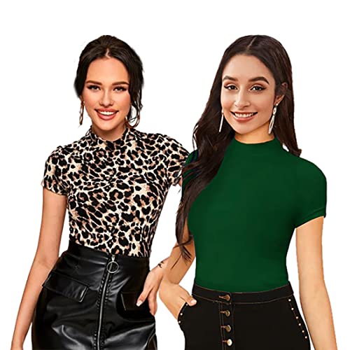 Image of Dream Beauty Fashion Women's Half Sleeve Round High Neck Top Elegant Casual Tee, Pack of 2-23 inch inches (Combo-Tripta Tiger)