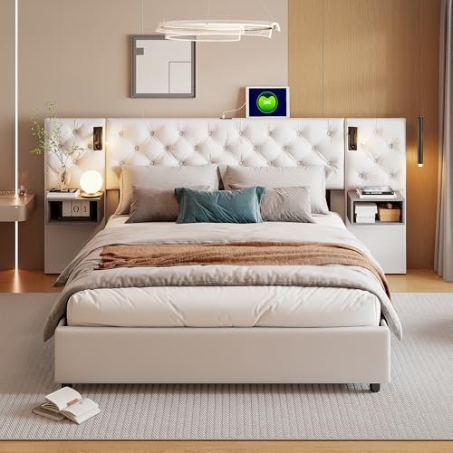 Cama de 160 x 200 cm, cama acolchada con 2 lámparas y mesita de noche flotante, marco de cama con somier de láminas y espacio de almacenamiento para adultos adolescentes, terciopelo beige (beige, 160