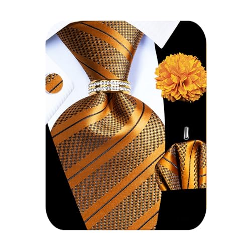 Image of 5PCS Mens Silk Designer Tie, Pocket Square, Cufflinks, Drilled Tie Ring and Lapel Pin Set for Wedding Groom Party