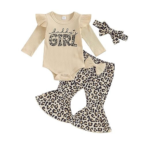 Image of Kuriozud Newborn Baby Girl Bell Bottom Outfit Ruffle Romper Cute Bow Flare Pants Set Headband Cute Clothes