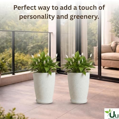 Image of Urban Upvan 14 Inch Solid White Tower Pot with Tray - Large Round Planter for Indoor & Outdoor Plants, Durable Decorative Plant Container (Pack of 1)