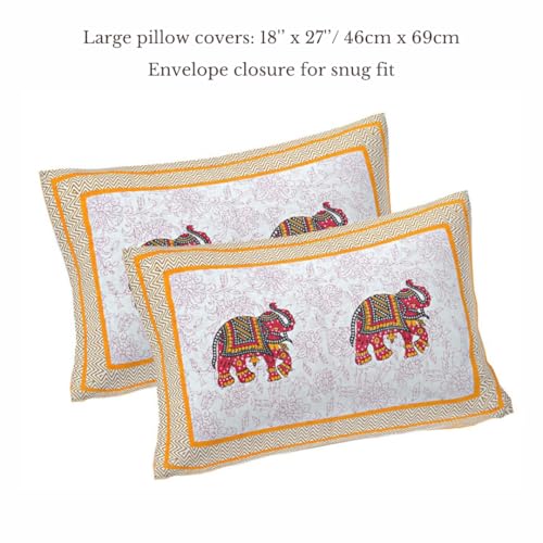 Image of Jaipur Weaves Jaipuri Cotton King Size Bedsheet 108x108 Super King, 144 TC 100% Pure Cotton Double Bed Sheet with 2 Pillow Covers, Royal Elephants Traditional Print - (Elephants Orange)