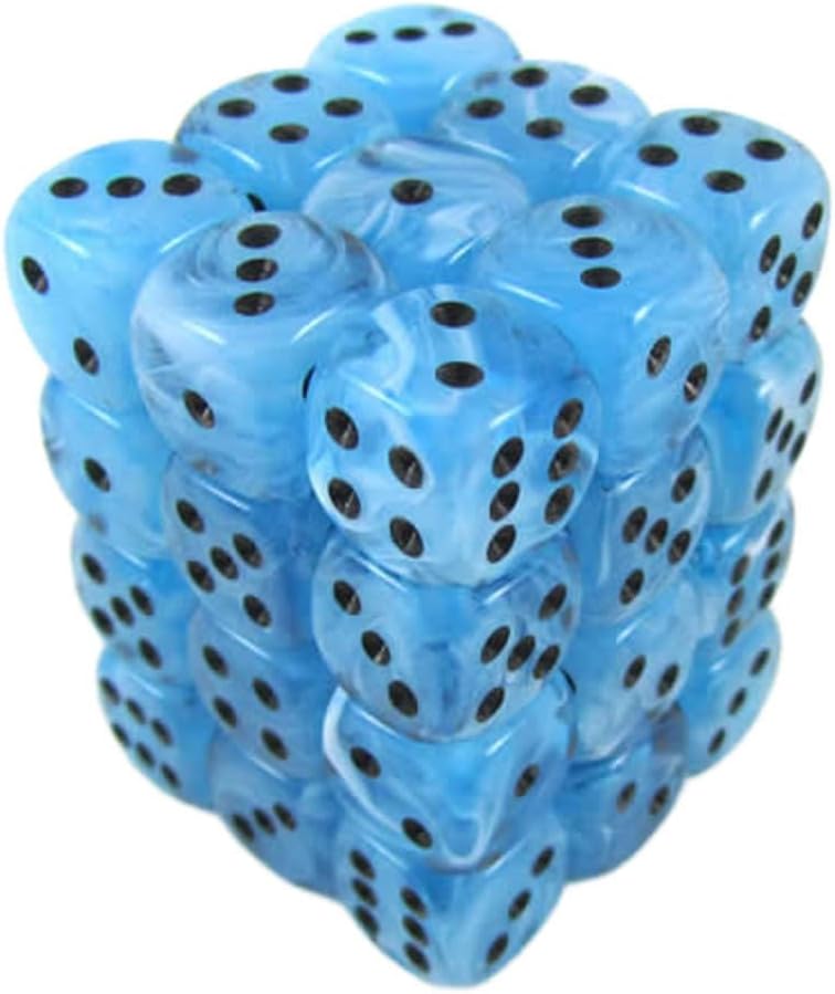 Swirl Ice Blue Dice with Black Pips 6 Sided (D6) 12mm (1/2in) Pack of 36 Dice Koplow Games
