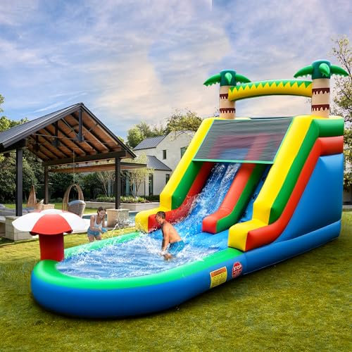 HXDOGSP Inflatable Water Slide Commercial Grade: 21FT(L) Water Bounce House for Adults & Teenagers - Big Pool, Premium PVC, Tropical Style, Wet & Dry, 950W Blower - for Backyard Outdoor Birthday Party