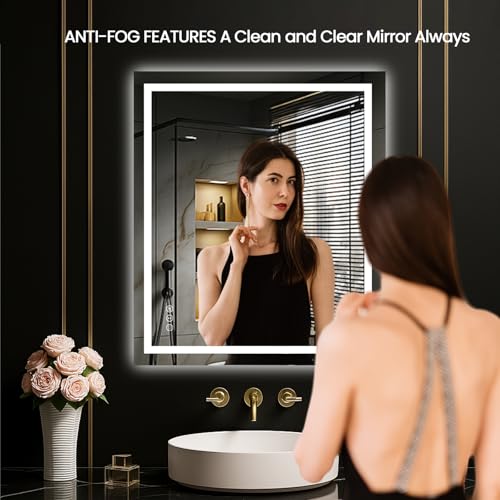 Image of LOAAO 24 inchX28 inch LED Mirror for Bathroom, Lighted Bathroom Mirror with Lights, Anti-Fog, Dimmable, Memory Function, Clear Reflection