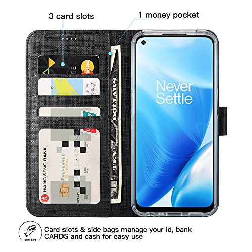 Foluu Oneplus Nord N200 5G Case, Oneplus Nord N200 5G Wallet Case Canvas Flip/Folio Soft Tpu Cover Bumper Kickstand Ultra Slim Strong Magnetic Closure Cover For Oneplus Nord N200 5G 2021 (Black) #TOP2