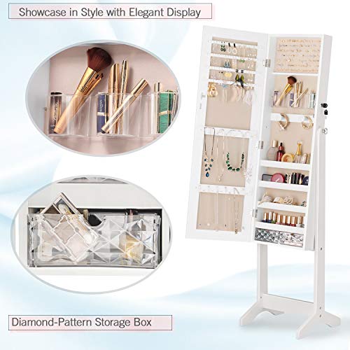 LUXFURNI LED Light Jewelry Cabinet Standing Full Screen Mirror Makeup Lockable Armoire, Large Cosmetic Storage Organizer w/ Brush Holder (White)