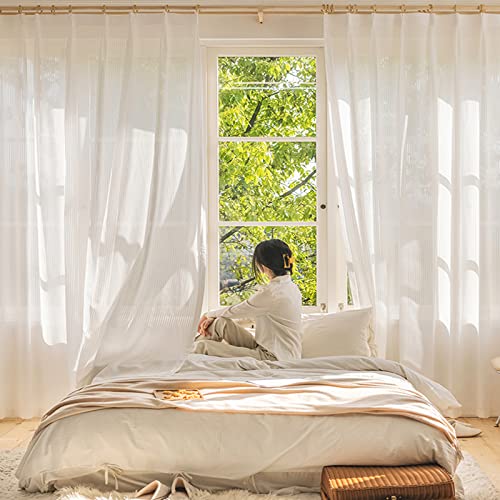 Chefru White Pinch Pleated Window Sheer Curtains 96 Inches Long 2 Panels, Gently Filter Light See Through Vertical Stripe Semi Sheer Window Panels Drapes, 52" W X 96" L X2 #TOP1