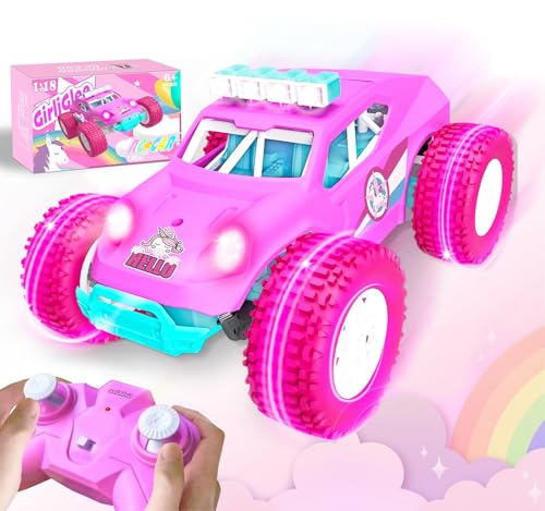 GirliGlee Remote Control Cars,1/18 Unicorn Pink LED RC Car with 2 Batteries,Girls Toys Age 5 6 7 8 9,Gifts for 5-10 Year Old,Unicorn Gifts for Girls,Girls Birthday Presents,Monster Truck 20KM/h