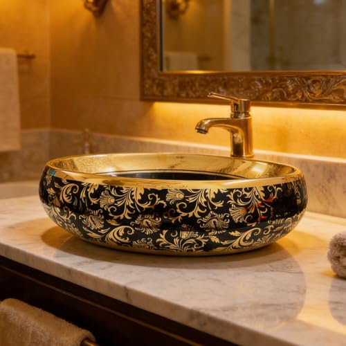 Image of Wallace Designer Oval Table Top Wash Basin Black & Gold 60x40x15 cm | Premium Ceramic Countertop Vessel Sink with Royal Floral Pattern | Luxury Over Counter Bathroom Basin