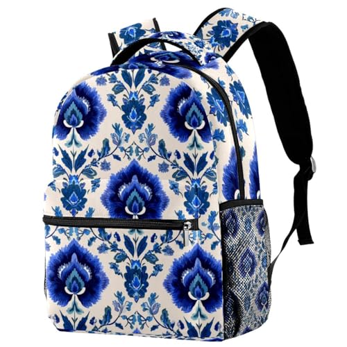 Sac à dos fleurs bleues en cachemire brodé pour ordinateur portable et voyage scolaire